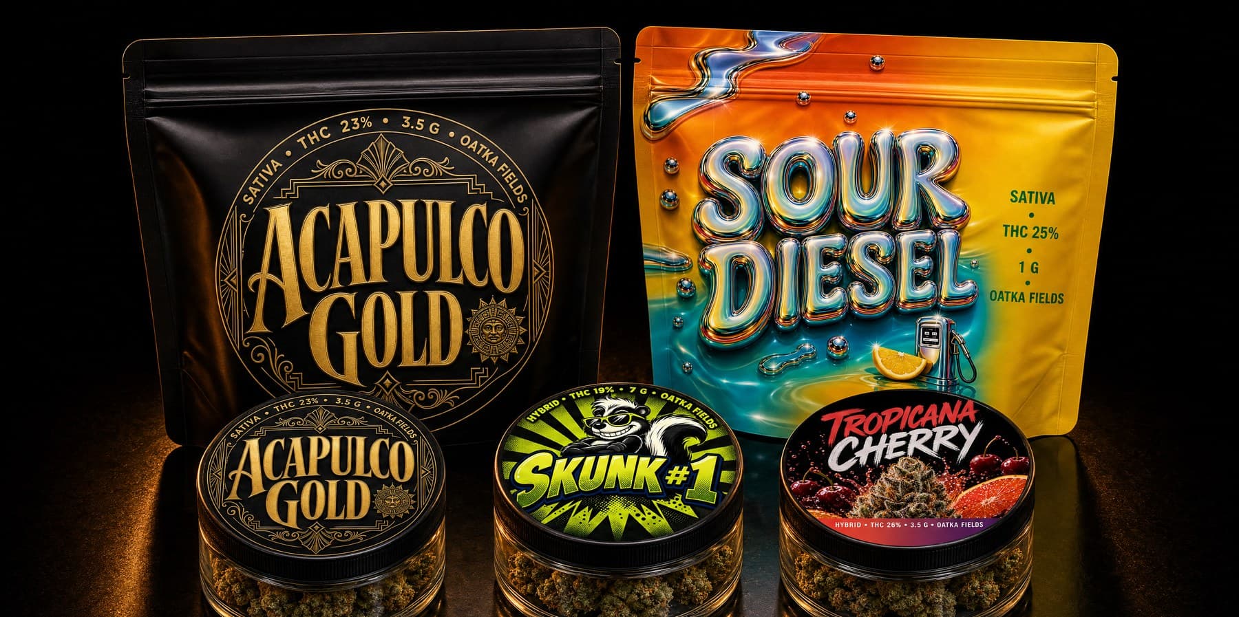 Two mylar pouches and three glass jars wearing the Acapulco Gold, Sour Diesel, Skunk #1 and Tropicana Cherry labels, on a black studio background