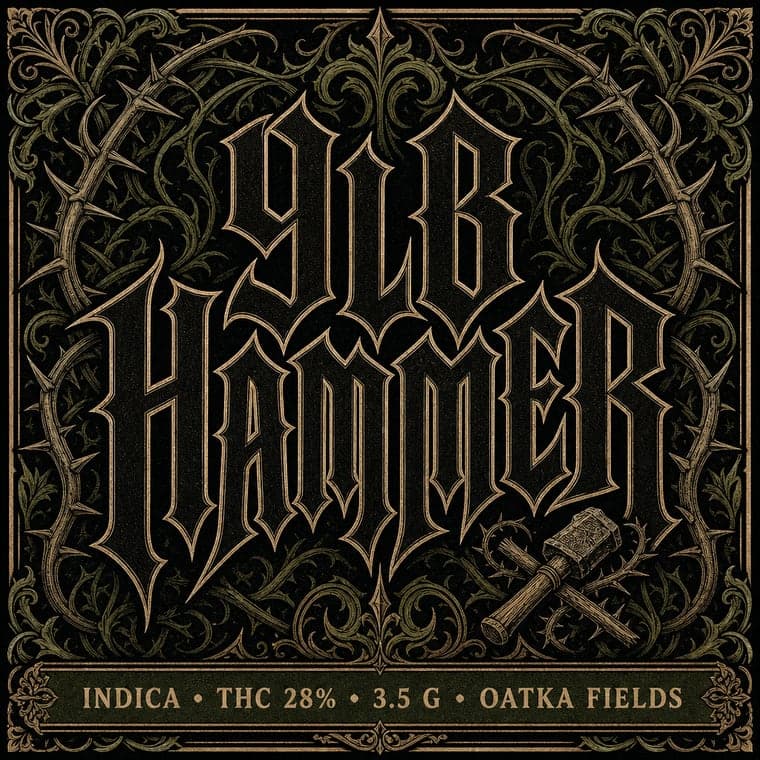 9lb Hammer label in the Blackletter style on a 3" square mylar