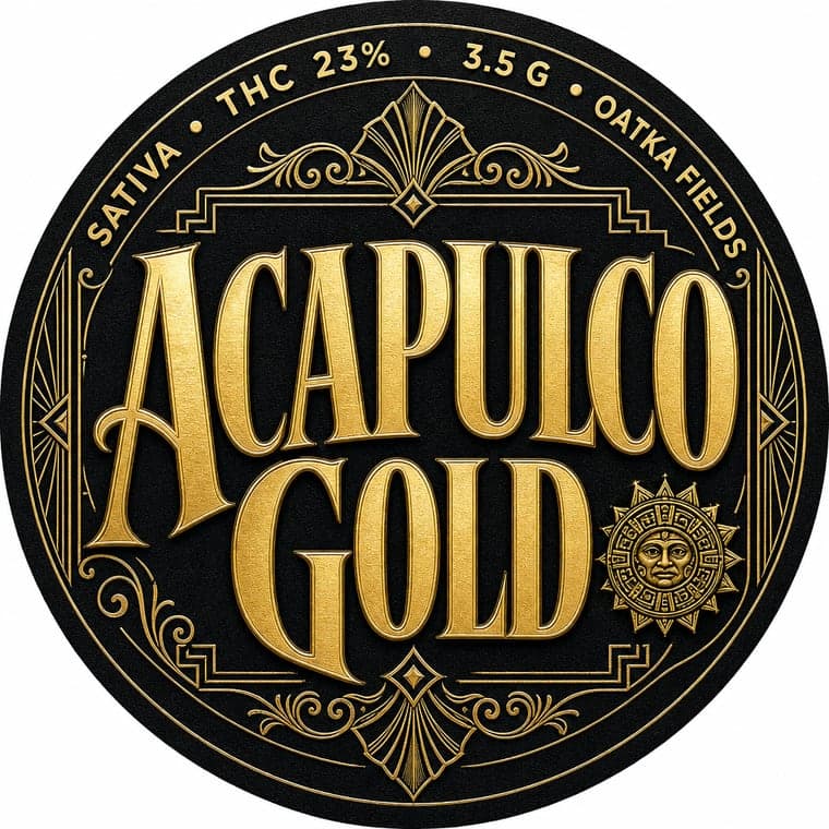 Acapulco Gold label in the Luxury gold style on a 2" round jar lid