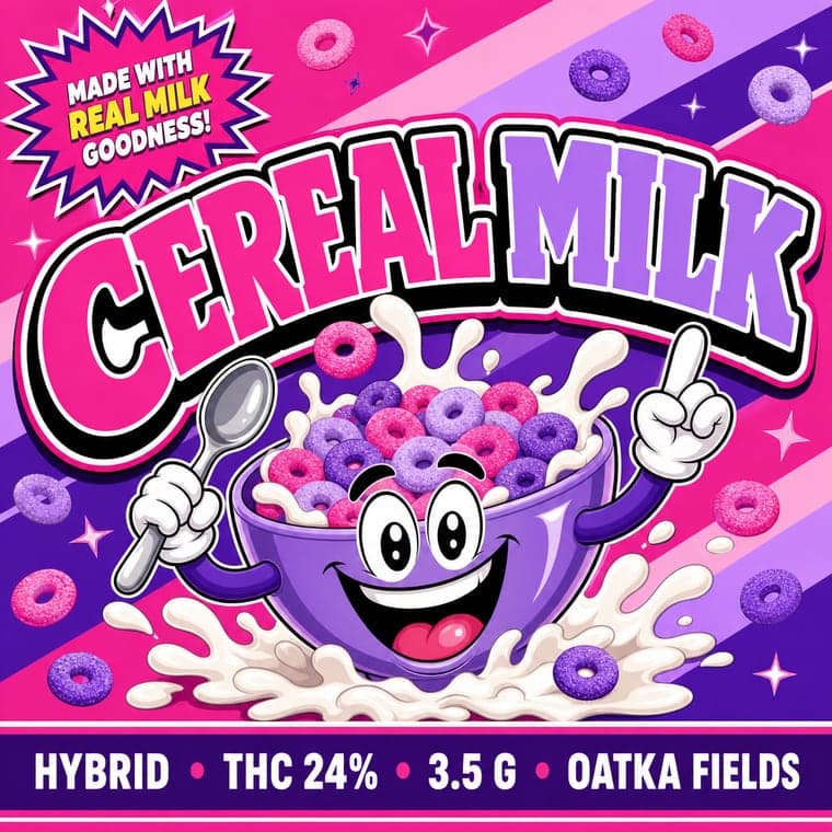 Cereal Milk label in the Bodega snack style on a 2" square mylar
