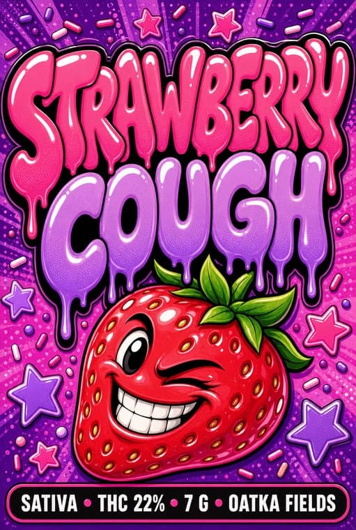 Strawberry Cough label in the Candy drip style on a 7 g bag face
