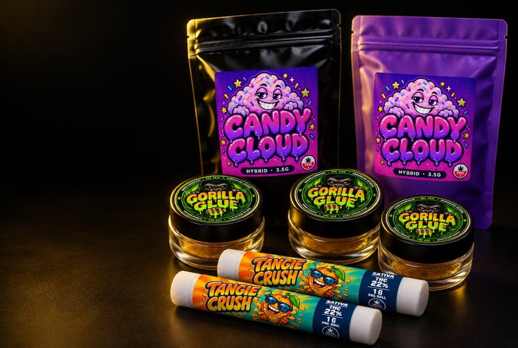 Two mylar bags, three glass resin jars and two pre-roll tubes wearing generated Candy Cloud, Gorilla Glue and Tangie Crush labels on a black studio background